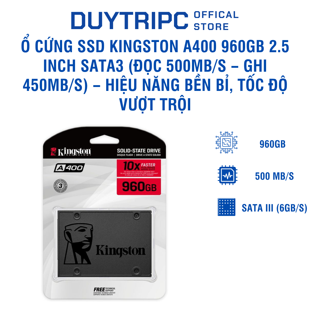 Ổ cứng SSD Kingston A400 960GB 2.5 inch SATA3 (Đọc 500MB/s – Ghi 450MB/s) – Hiệu năng bền bỉ, tốc độ vượt trội